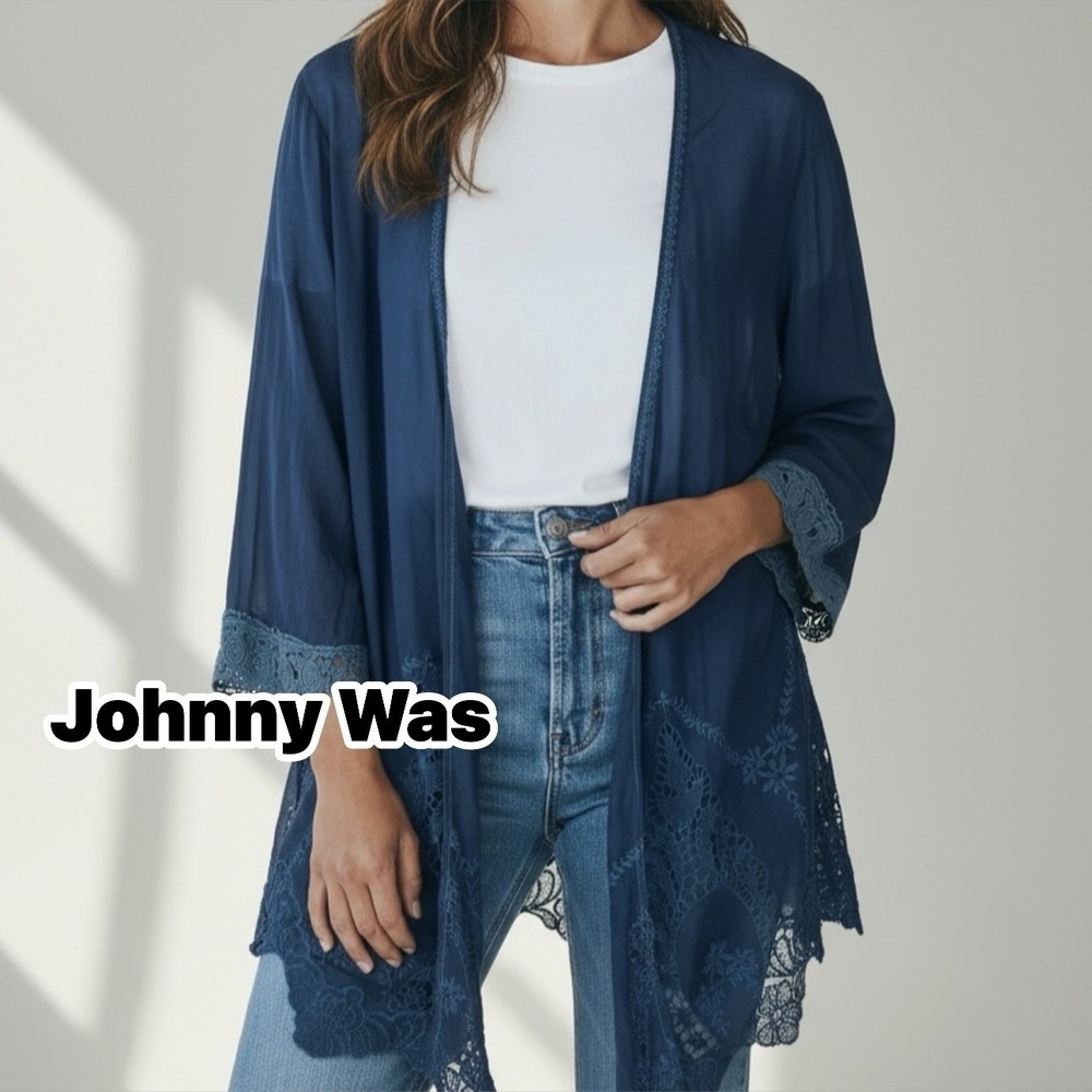 Johnny Was Navy Blue Embroidered Lace Kimono Women's Size Large Boho Open Front